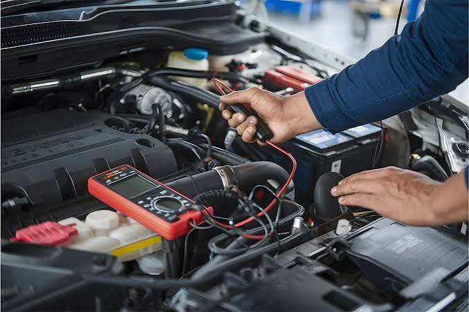 Mechanic testing a car battery and engine with a multimeter